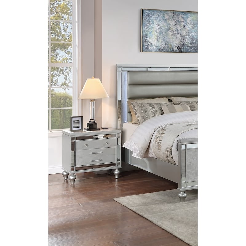Classic Luxury Look Silver 1pc Nightstand Wooden Bedside Table Drawers w Mirror Glass Panel Bedroom Furniture - Cream