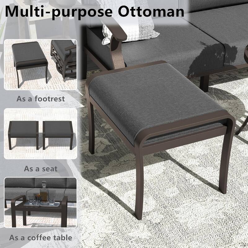 Aluminum Patio Furniture Set with Fire Pit, Ottomans & Rocking-Swivel Chairs, Modular Sofa with Thick Cushions