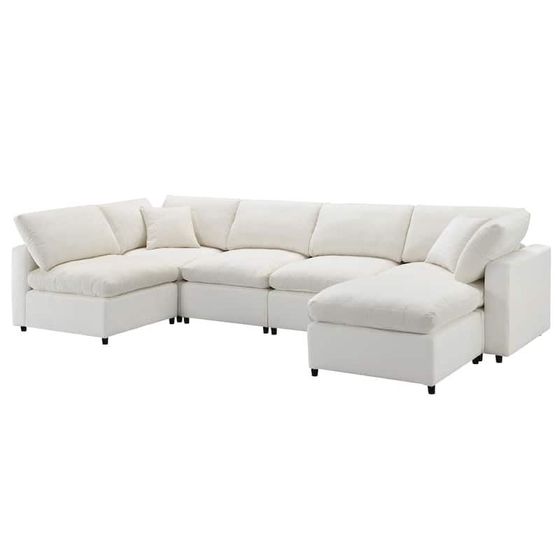 Beige 130" Chenille Cloud Upholstered Modular U-Shaped Sleeper Sectional Sofa, 6-Piece Free Combination with Removable Ottoman