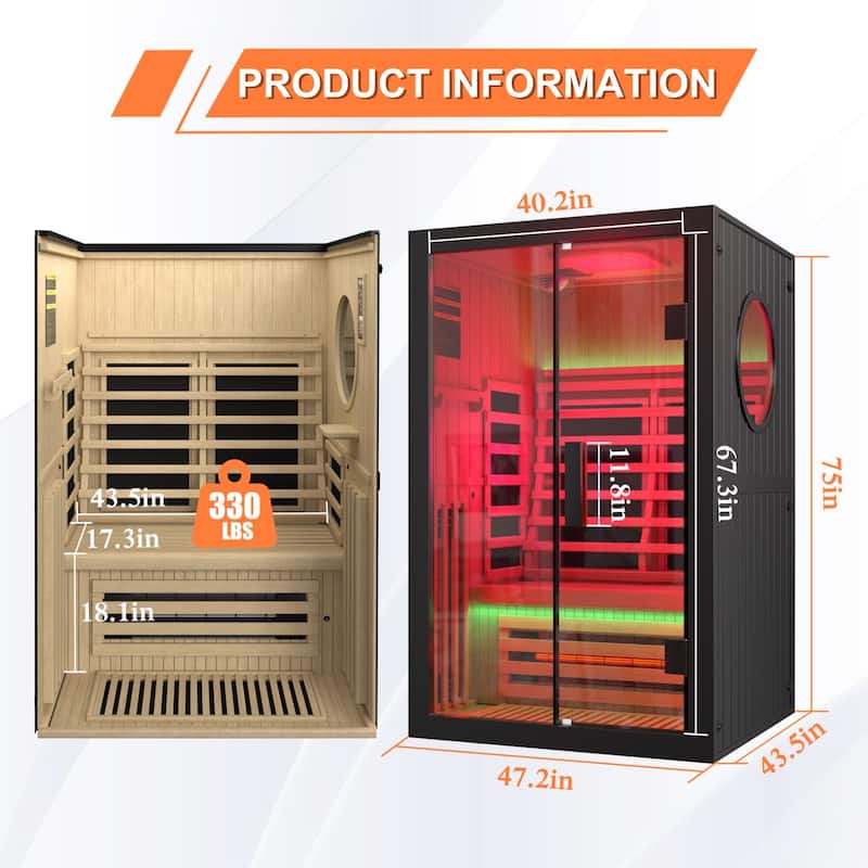VEIKOUS 2-Person Hemlock Wood Infrared Sauna, 5 Carbon Panel 360° Heating Home Spa with Bluetooth, Oxygen Bar & Color Therapy