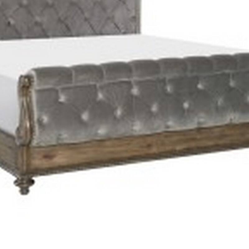 Danya Queen Bed, Sleigh Style, Tufted Rolled Headboard, Nailed Gray Velvet