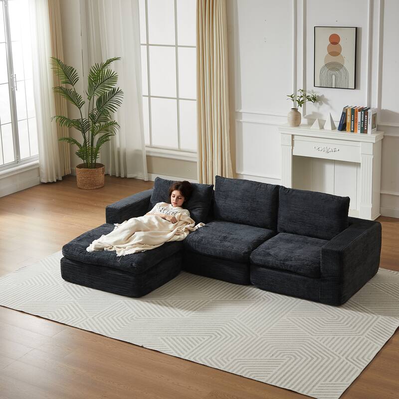L-Shaped Sectional Sofa with Chaise Lounge, Corduroy Upholstered Boneless Couch, Module Corner Sofa with 3 Pillows