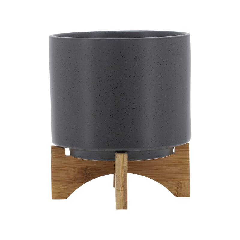 8" Ceramic Planter with Wooden Stand, Matte Grey