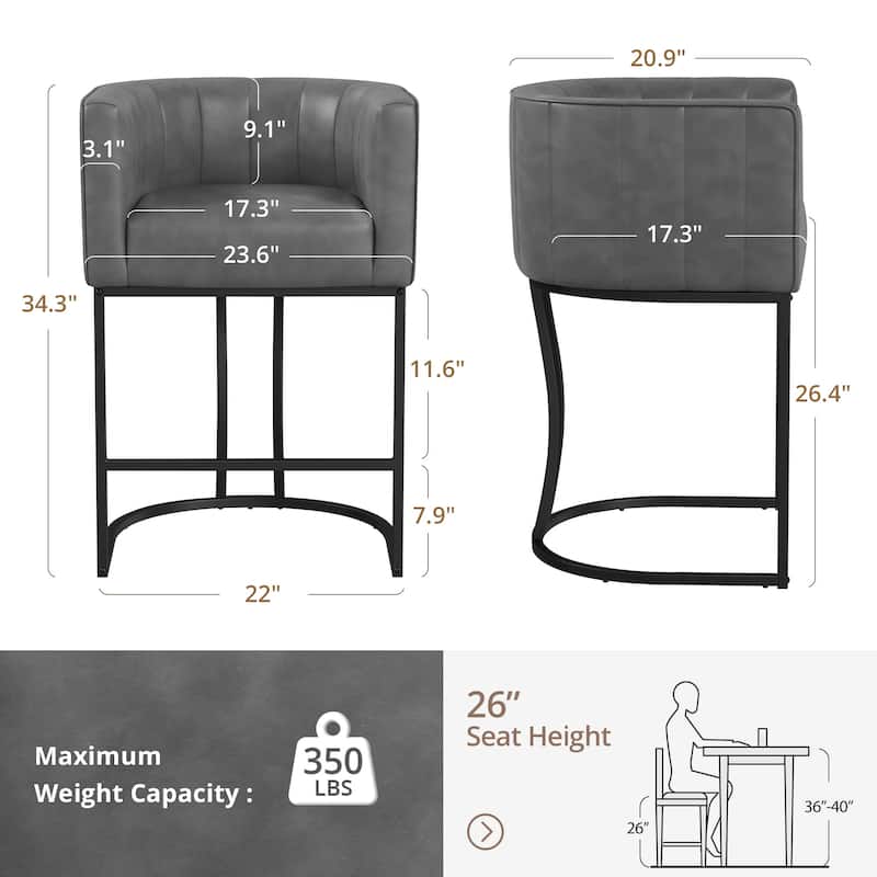 LUE BONA Modern 26.in Low Back Counter Height Barstools Upholstered/PU Leather Barrel Set of 2 Bar Stools with Metal Frame