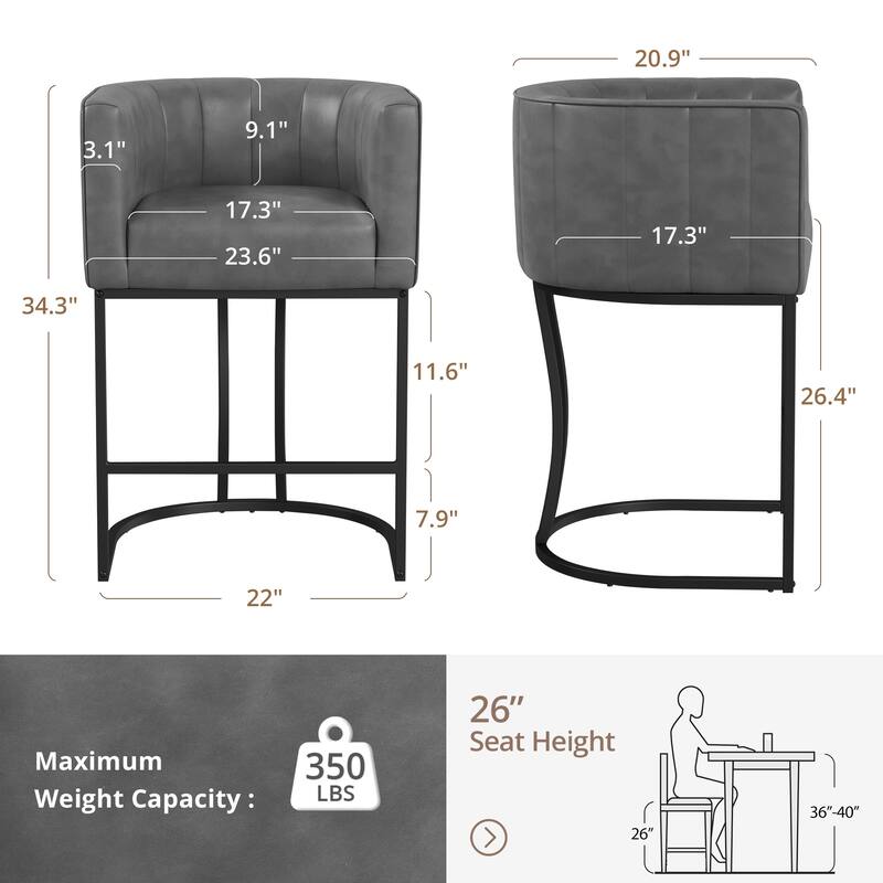 LUE BONA Modern 26.in Low Back Barstool Counter Height Stool Upholstered/PU Leather Barrel Bar Stools with Metal Frame