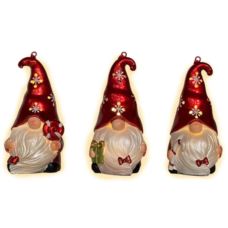 LED Santa Gnome Christmas Figurine Ornaments 3.5" Red White Set of 3