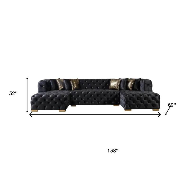 HomeRoots Tufted Black Velvet Modular U Shaped Sofa and Chaise Sectional With Toss Pillows