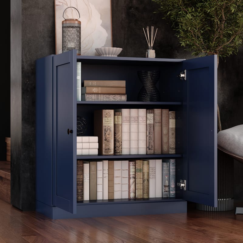 Palace Imports 100% Solid Wood 3-Shelf Bookcase with Shaker Doors and Adjustable Shelves - Navy