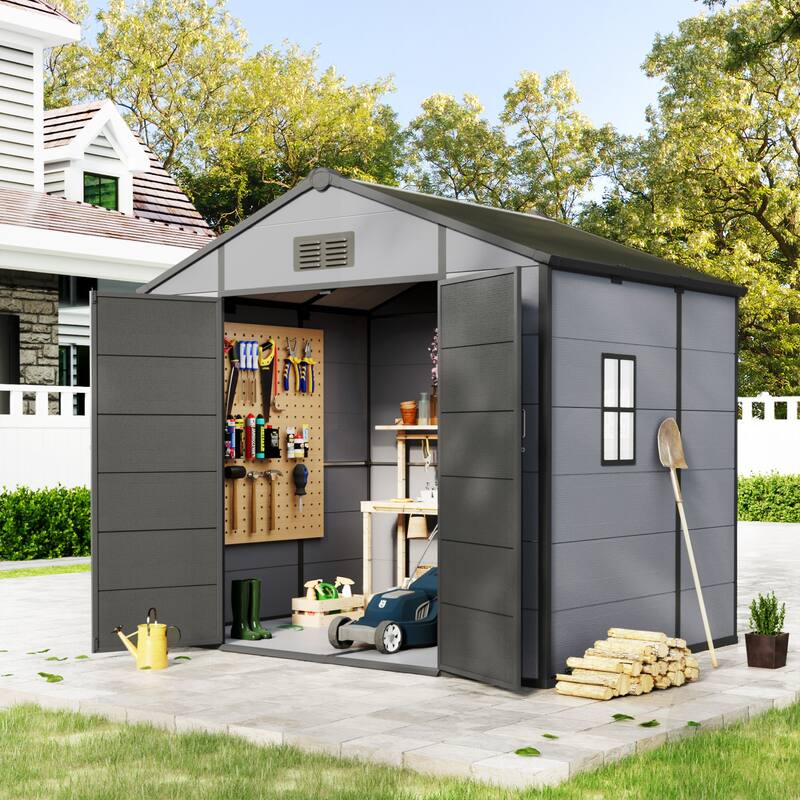 Erommy Outdoor Storage Shed with Built-In Floor, Lockable Double Doors & Sloped Roof - 8'x6' - Black