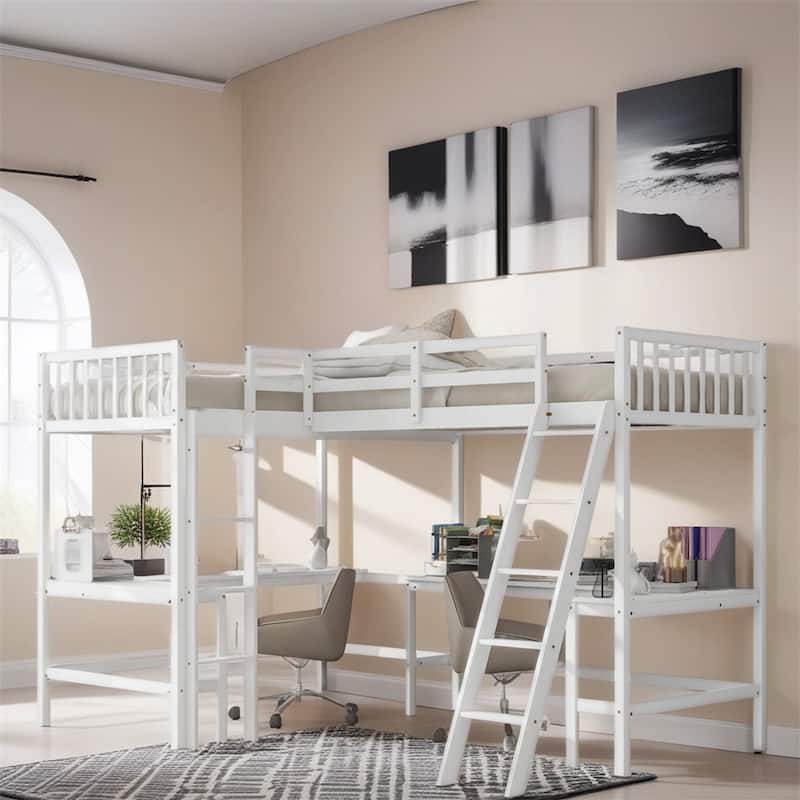Twin Size Wood L-Shaped Loft Bed with Ladder and 2 Built-in Desks