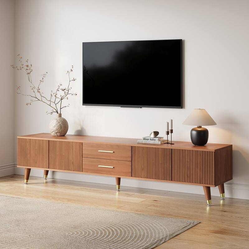 71" Mid Century Modern Brown TV Stands, Solid Wood Veneer with 2 Drawers & Cabinet, Pre-Assembled - Brown