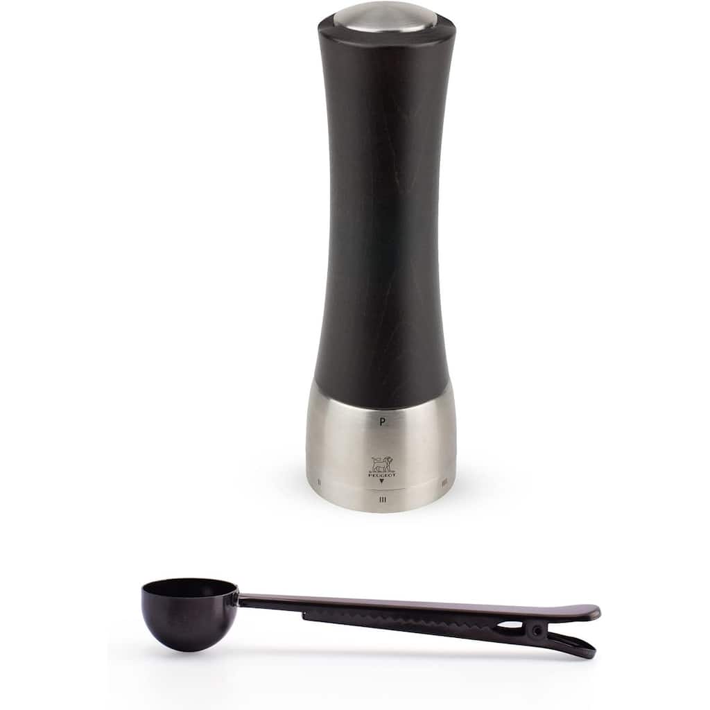 Peugeot Madras U'Select Shaftless 8-Inch Pepper Mill Gift Set, Chocolate - With Stainless Steel Spice Scoop & Clip