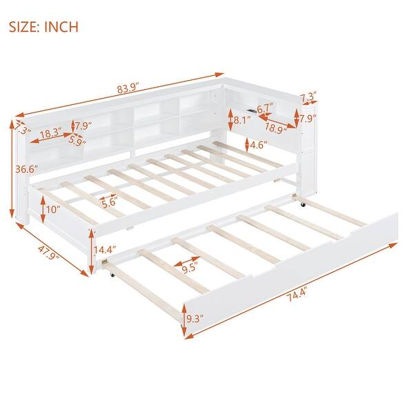 Wooden Twin Size DayBed with Trundle and USB Charging Ports, White