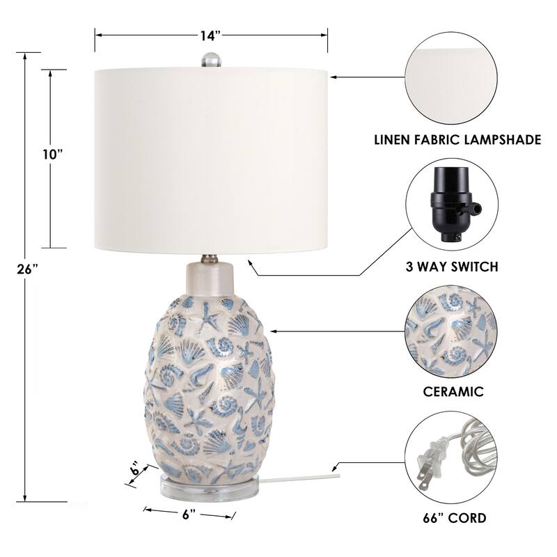 Lux Lighting Ceramic Sea Shell Coastal White and Blue Table Lamps (Set of 2) 3-Way Switch