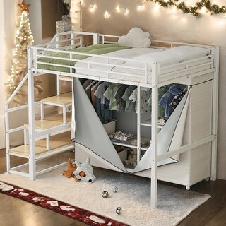 White Full Size Loft Bed with Wardrobe and Storage Shelves