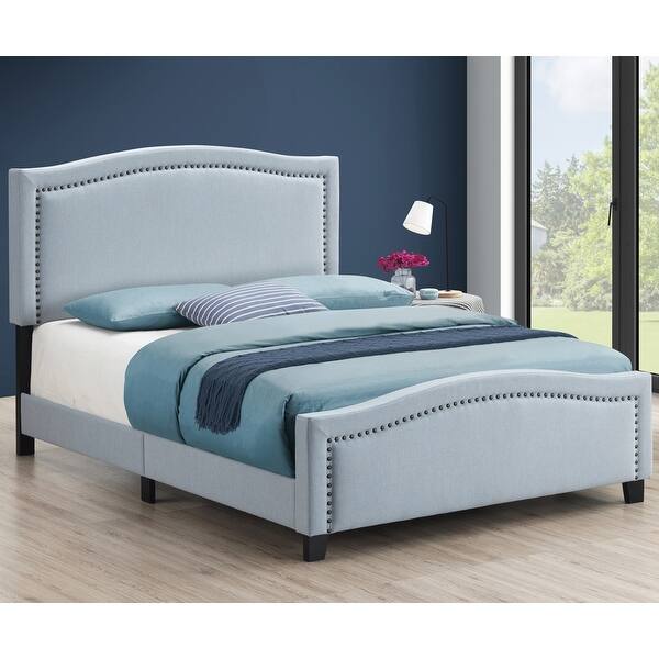 Modern Classic Design Light Blue Upholstered Bed with Brass Nailheads ...