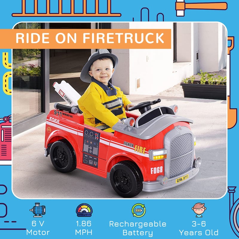 Realistic Ride on Fire Truck with Lift, Red Electric Car Toy with Seat Belts, 12V Electric Vehicle with Front and Rear Lights