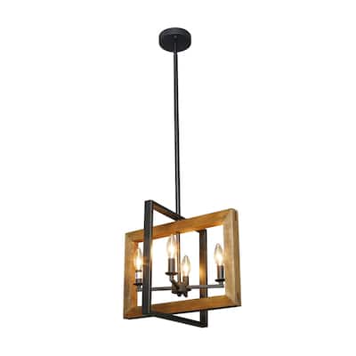 Farmhouse 4-Light Geometric Wood Chandelier Pendant Lighting - L18"x W14.6"x H13.8"
