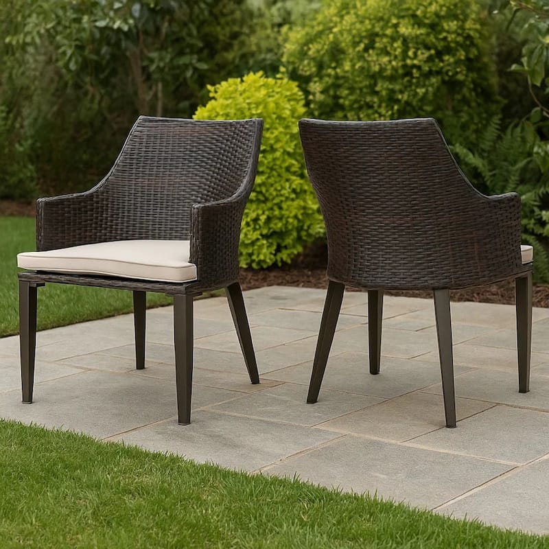 Ellish Outdoor Chair Set of 2, Metal Legs, Brown Rattan, Beige Fabric