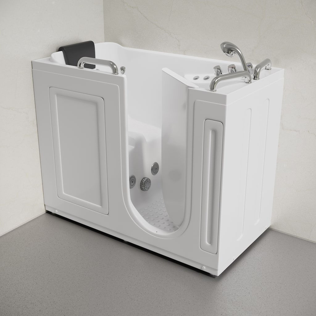 Auvergne 53" X 27" Ada Left Drain Walk-In Soaking Bathtub In White with Faucet Set, Drain, Grab Bars, Pillow - 53