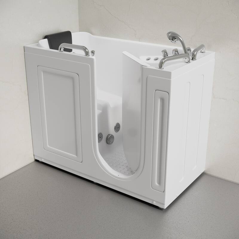 Auvergne 53" X 27" Ada Left Drain Walk-In Soaking Bathtub In White with Faucet Set, Drain, Grab Bars, Pillow - 53