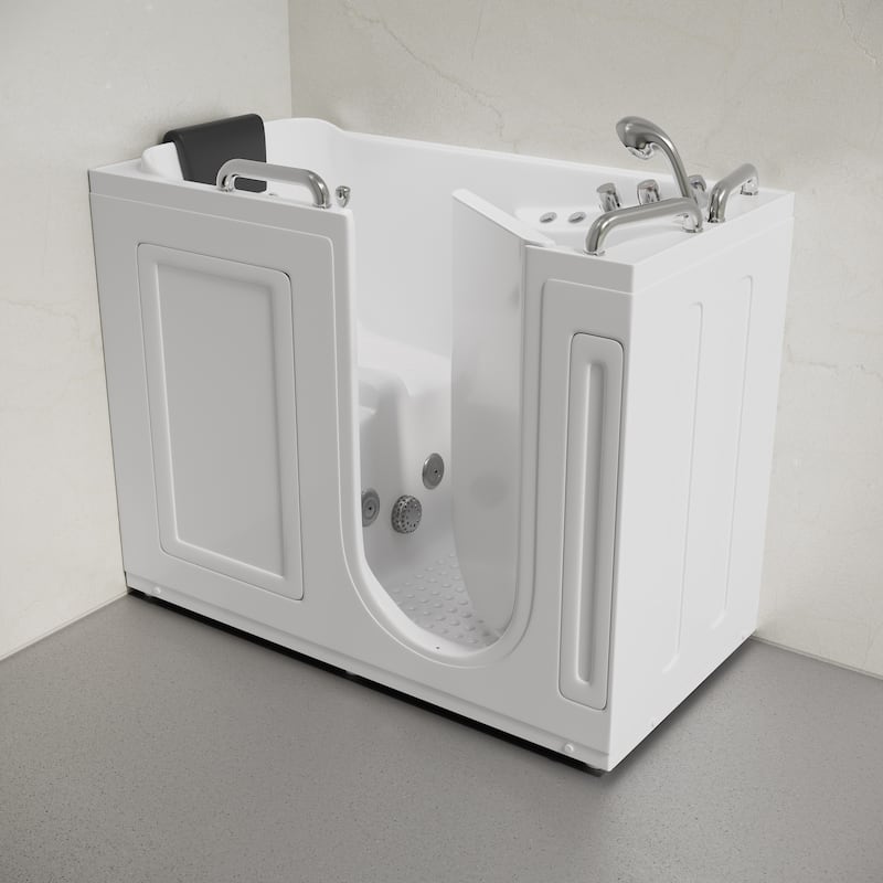 Auvergne 53" X 27" Ada Right Drain Walk-In Soaking Bathtub In White with Faucet Set, Drain, Grab Bars, Pillow - 53