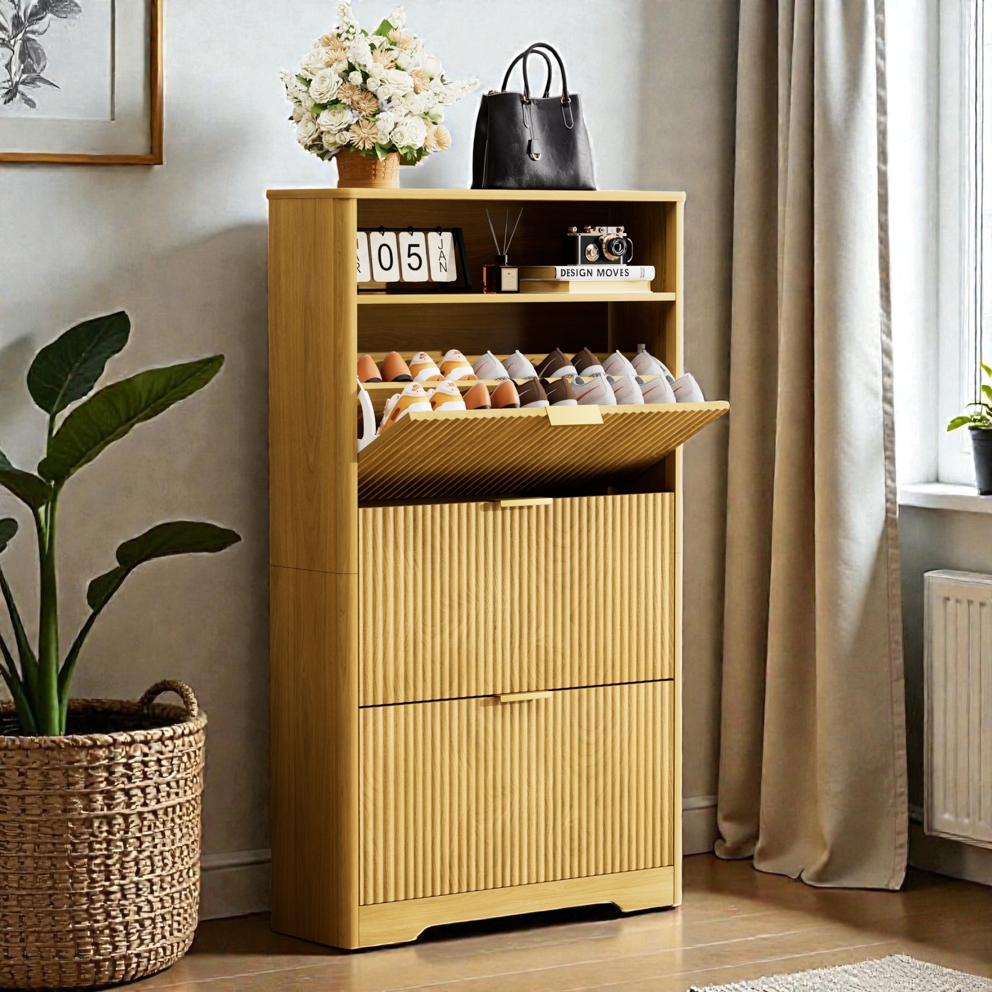 Tall Shoe Cabinet with 3 Flip Drawers, Slim Hidden Shoe Storage Organizer for Entryway and Hallway, 31.6 x 9.6 x 54.4 in.