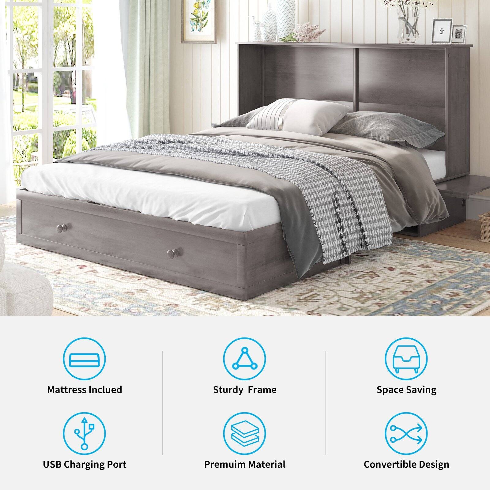 Mixoy Murphy Bed, Cube Foldable Bed with Charging Station On