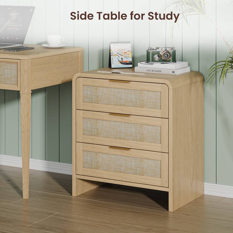 22.8" Rattan Nightstand with 3 Drawers, Curved Wooden Bedside Table with Modern Boho Design