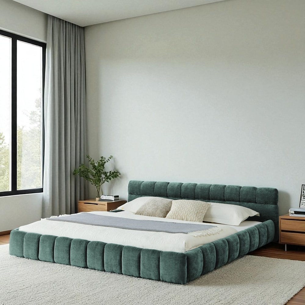 California King Upholstered Platform Bed, Thick Chenille, Low-Profile Headboard, No Box Spring, 90.5 x 80.5 x 31 in