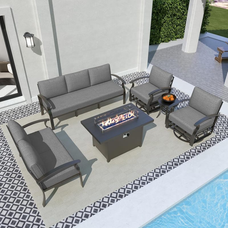 Aluminum Patio Furniture Set with FirePit Ottomans Swivel Chairs,Sectional Sofa with Thick Seat Cushions for Porch Garden - 7-Seats w/Swivel - Grey