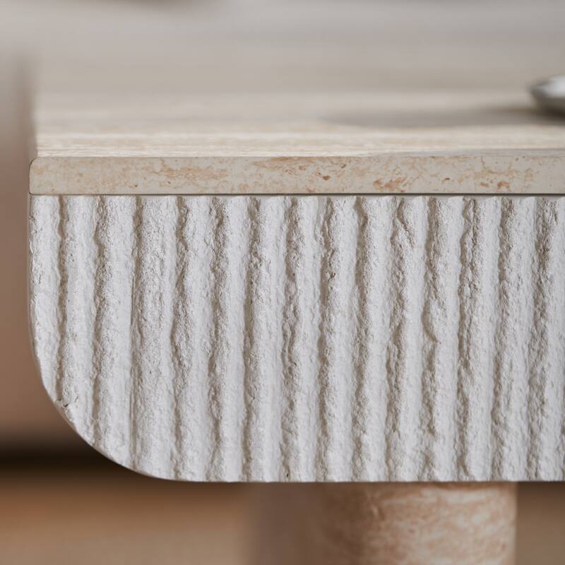 Coffee Table with Faux Marble Tabletop, Mid Century Modern Coffee Table with Fluted Drawer, Coffee Table for Living Room