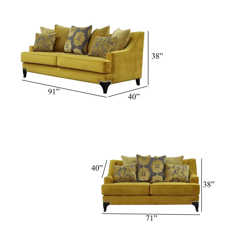 Visco 2pc Sofa, Loveseat Set, 8 Throw Pillows, Rivet Trim, Gold Yellow