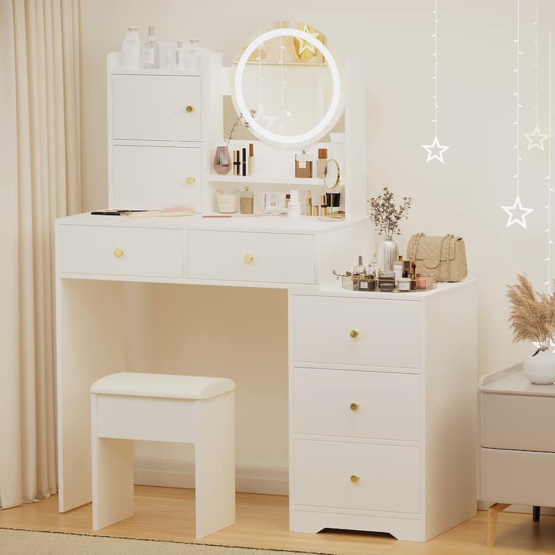 White Makeup Vanity Desk Set with LED Makeup Vanity Round Mirror & 3 Color Options, Dressing Table & Stool Set
