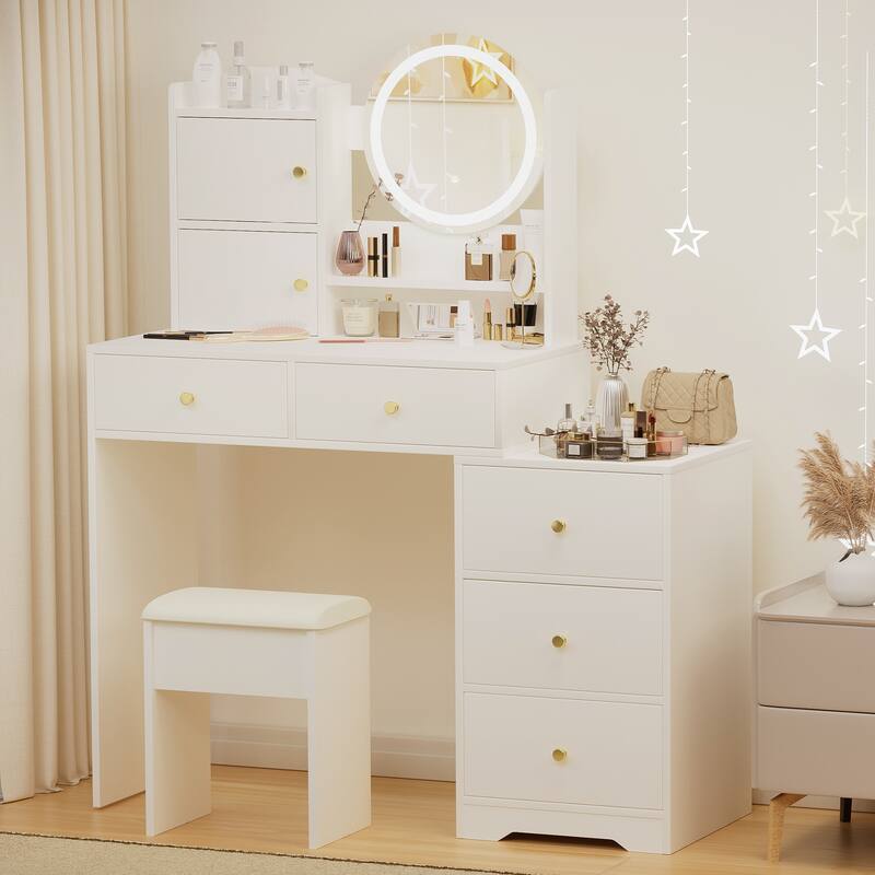 White Makeup Vanity Desk with LED Mirror 3 Lighting Options Multi-Storage Drawers Included Stool - 52.4”H