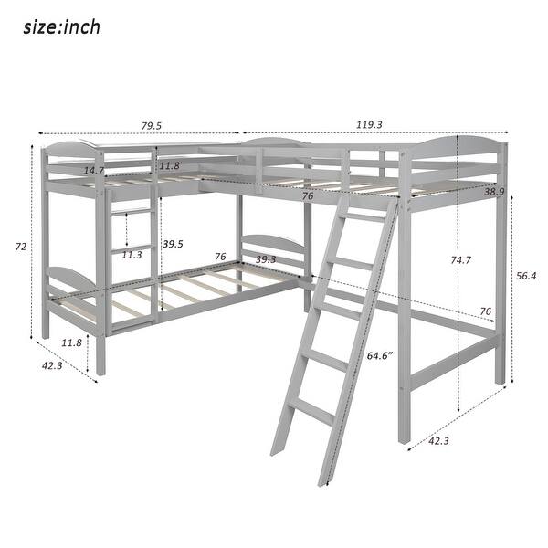 dimension image slide 0 of 3, Modern Twin Size L Shaped Solid Pine Wood Bunk Bed with Full Length Guardrail and 2 Ladder