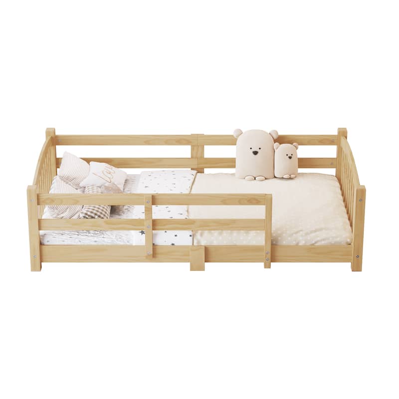 Solid Wood Floor Bed Montessori Bed with Safety Guardrails Without Door
