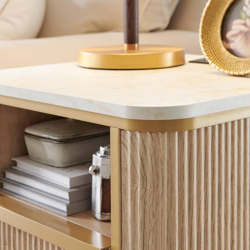 Modern Fluted Nightstand Set of 2 with Charging Station, End table