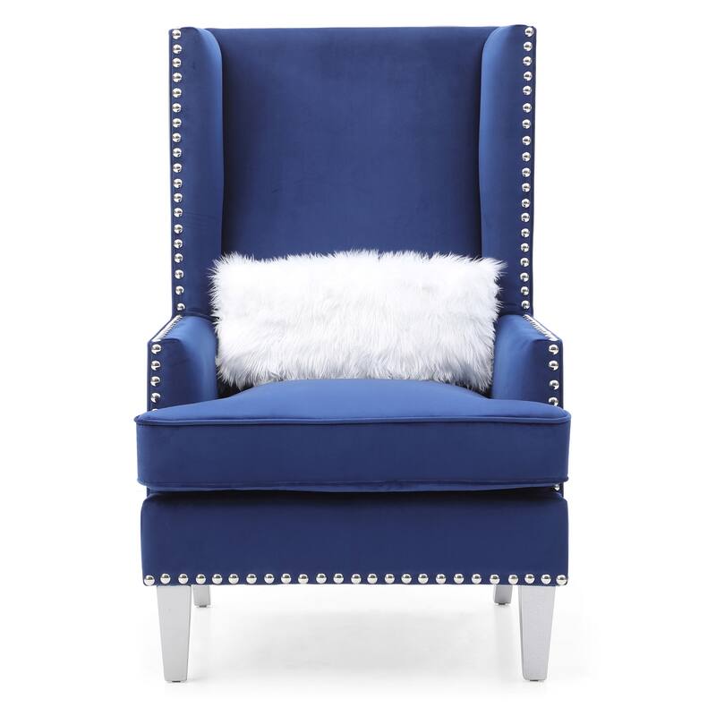 Velvet High Back Accent Chair with Fur Pillow - 47" - Blue