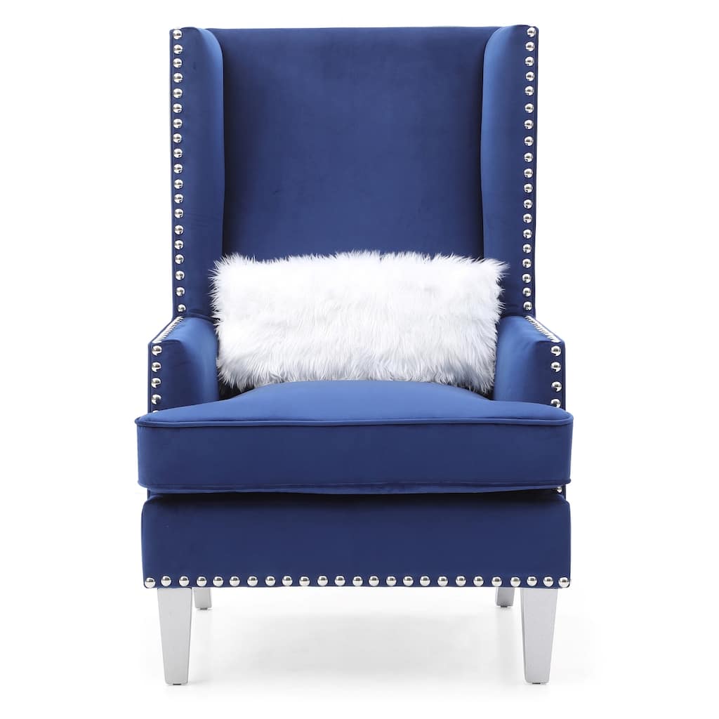 Velvet High Back Accent Chair with Fur Pillow - 47" - Blue