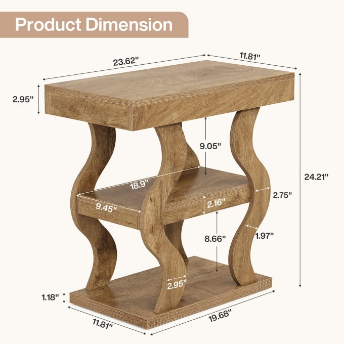 3-Tier Narrow Wooden End Table, Nightstand With Open Storage Shelf