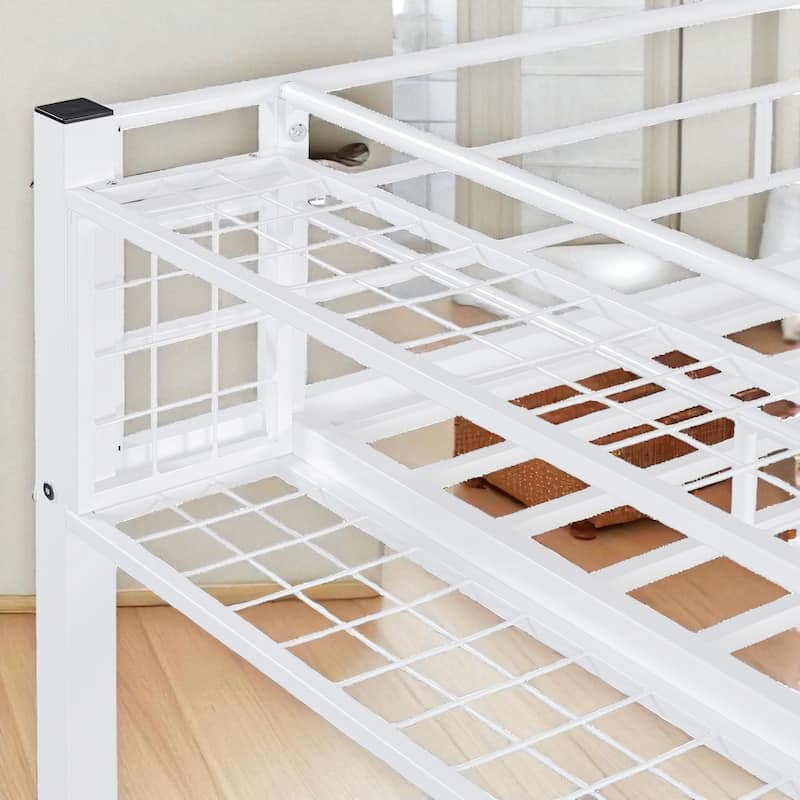 Twin Size Metal Loft Bed with Grid Storage Shelf and 4-Tier Lateral Ladder Shelves