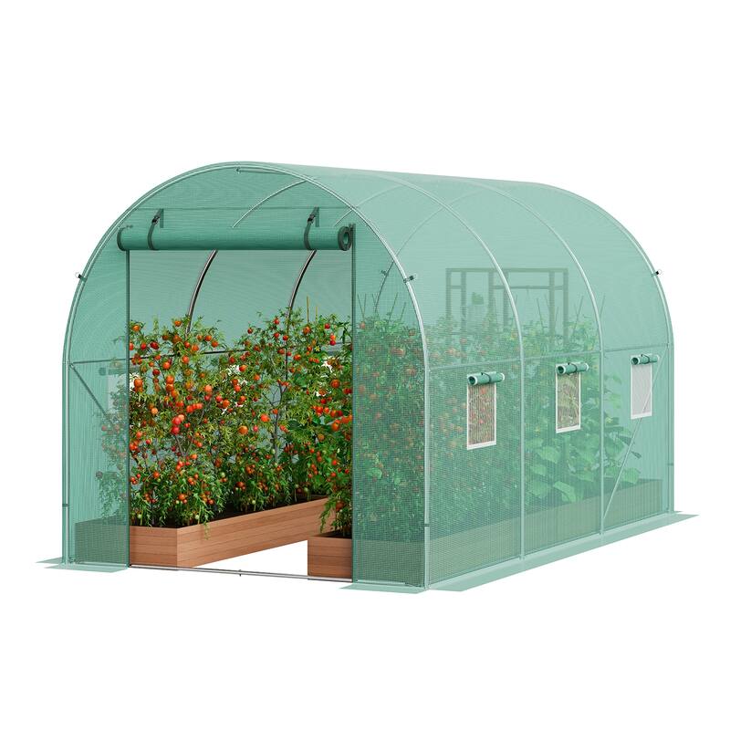 Walk-in Tunnel Greenhouse, Hoop House Greenhouse Tunnel, Plant Hot House with Galvanized Steel Frame, Green PE Cover - 11.3x6.4x6.3 ft,Green