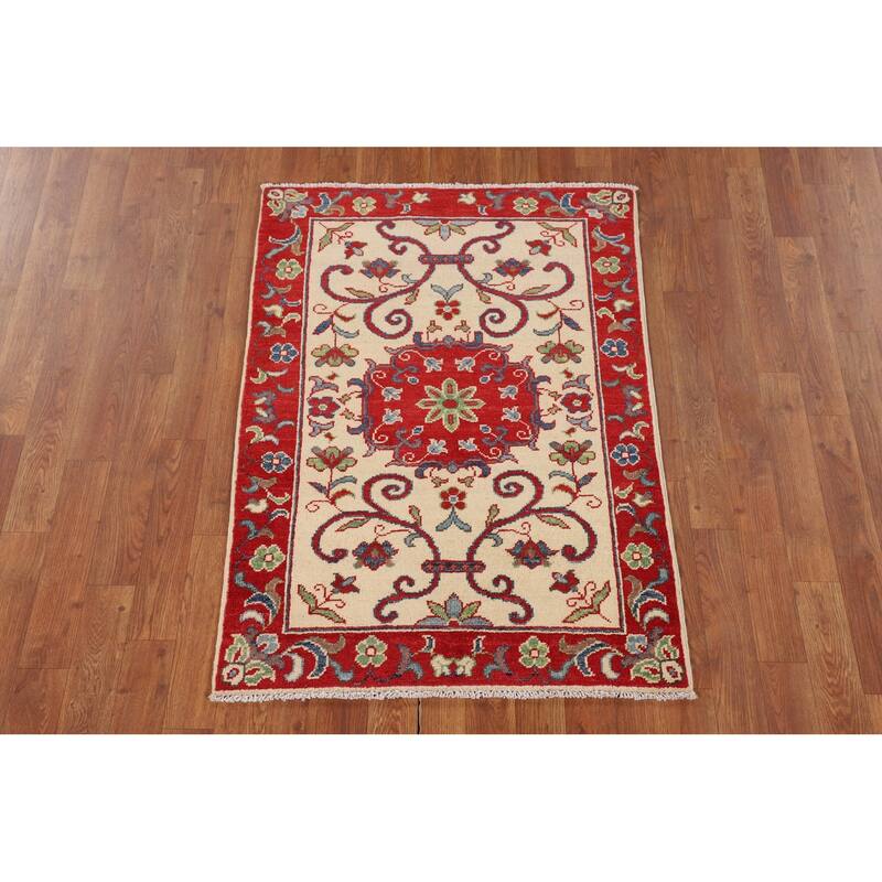 Kazak Accent Rug Hand-Knotted Floral Wool Carpet - 2'8" x 3'9"