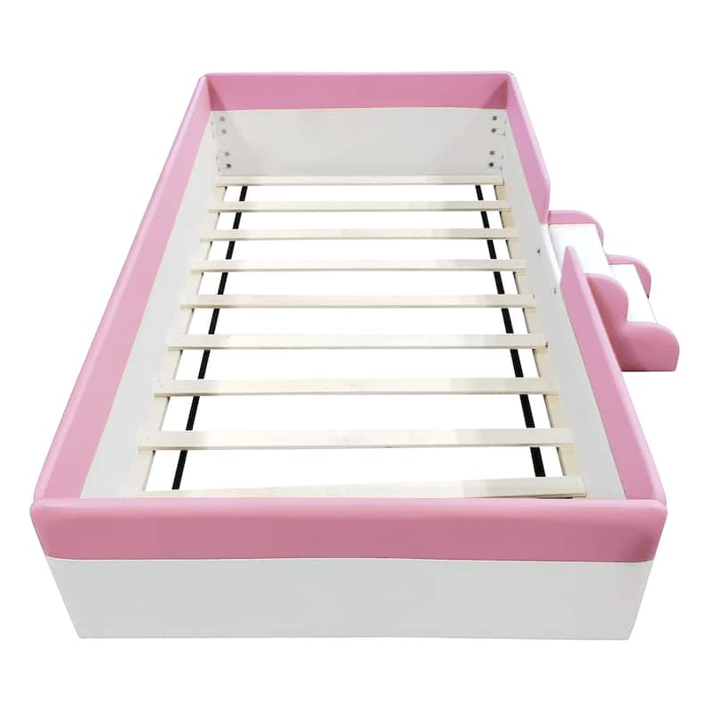 Twin/King Size Upholstered Platform Floor Bed with Fence and Stairs, PU Leather Daybed Frame, Wooden Slats Support