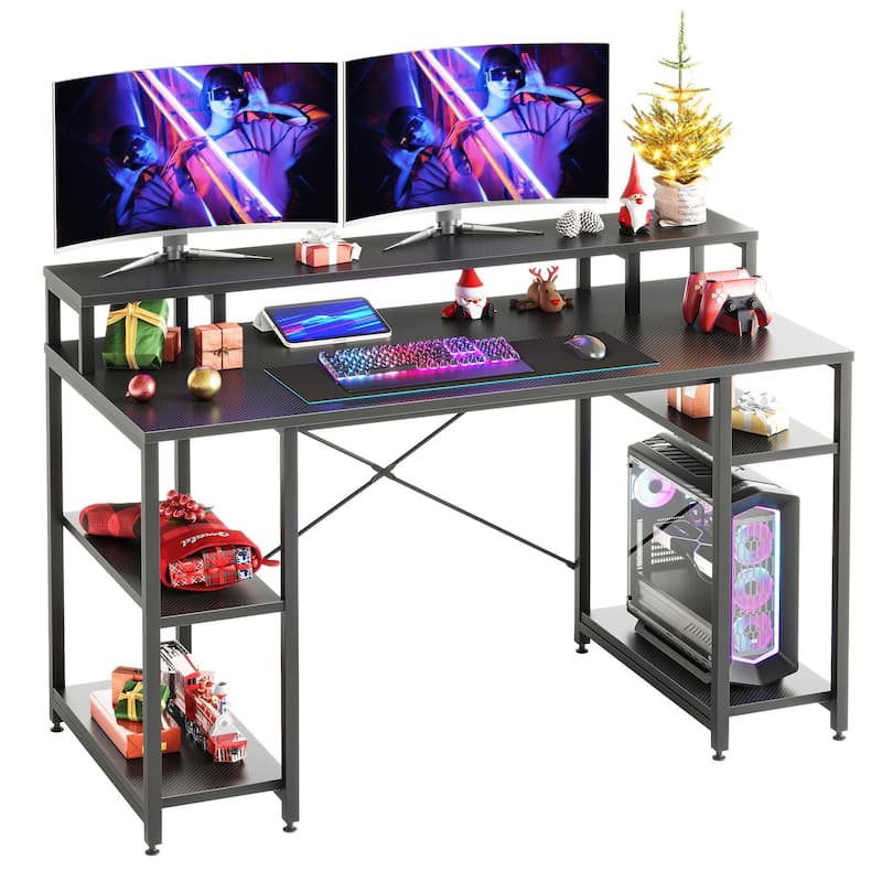55 Inch Dual Monitor Computer Desk with Adjustable Shelves