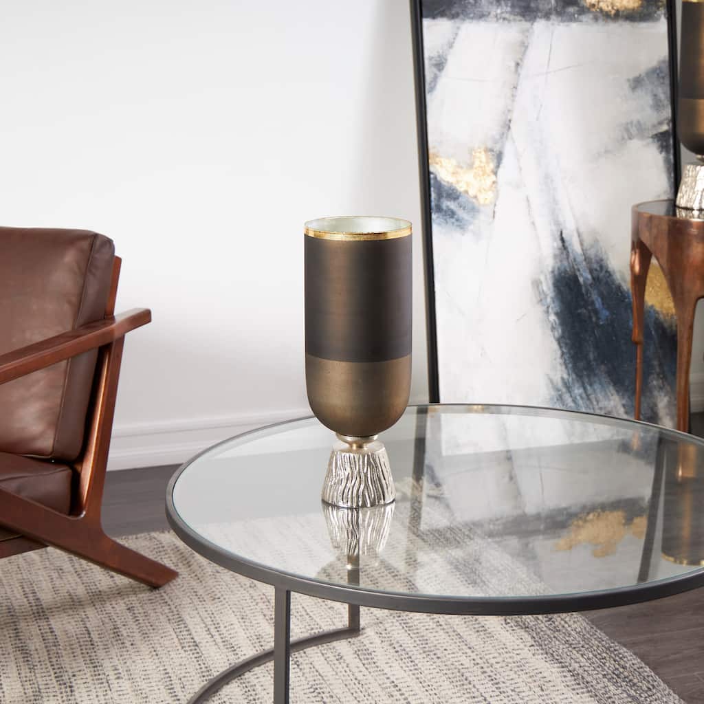 Bronze Glass Colorblock Candle Holder with Gold Accents and Textured Silver Base