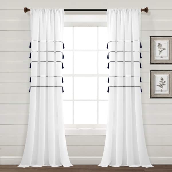 Lush Decor Boho Stripe Woven Tassel Yarn Dyed Cotton Window Curtain Panel Pair - 84 Inches - White & Navy