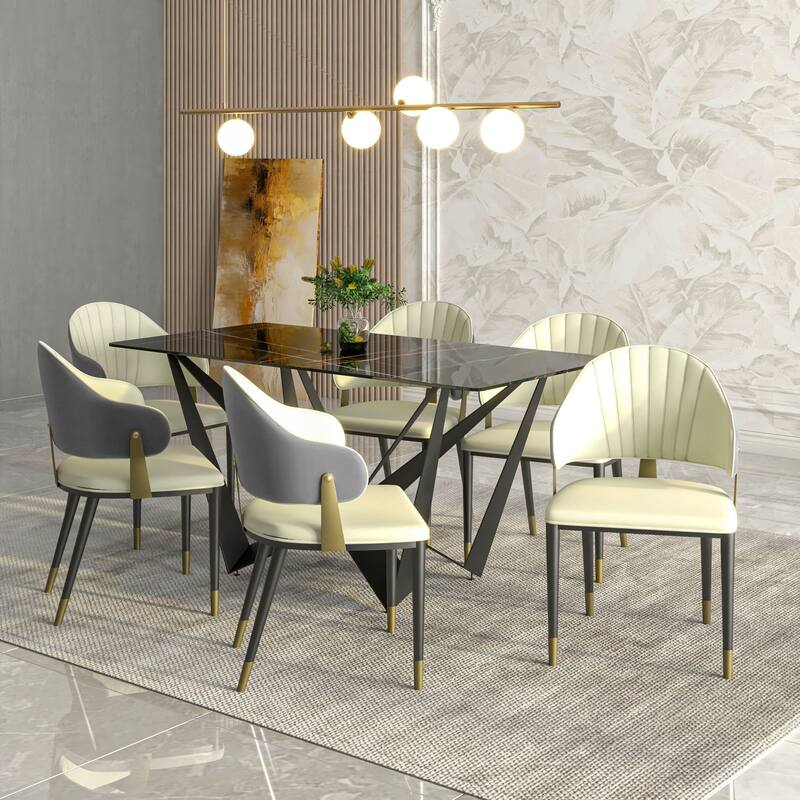 Leather Dining Chair in Iron Set of 4 with Gold Accents Design Modern Ergonomic Side Arm Chair