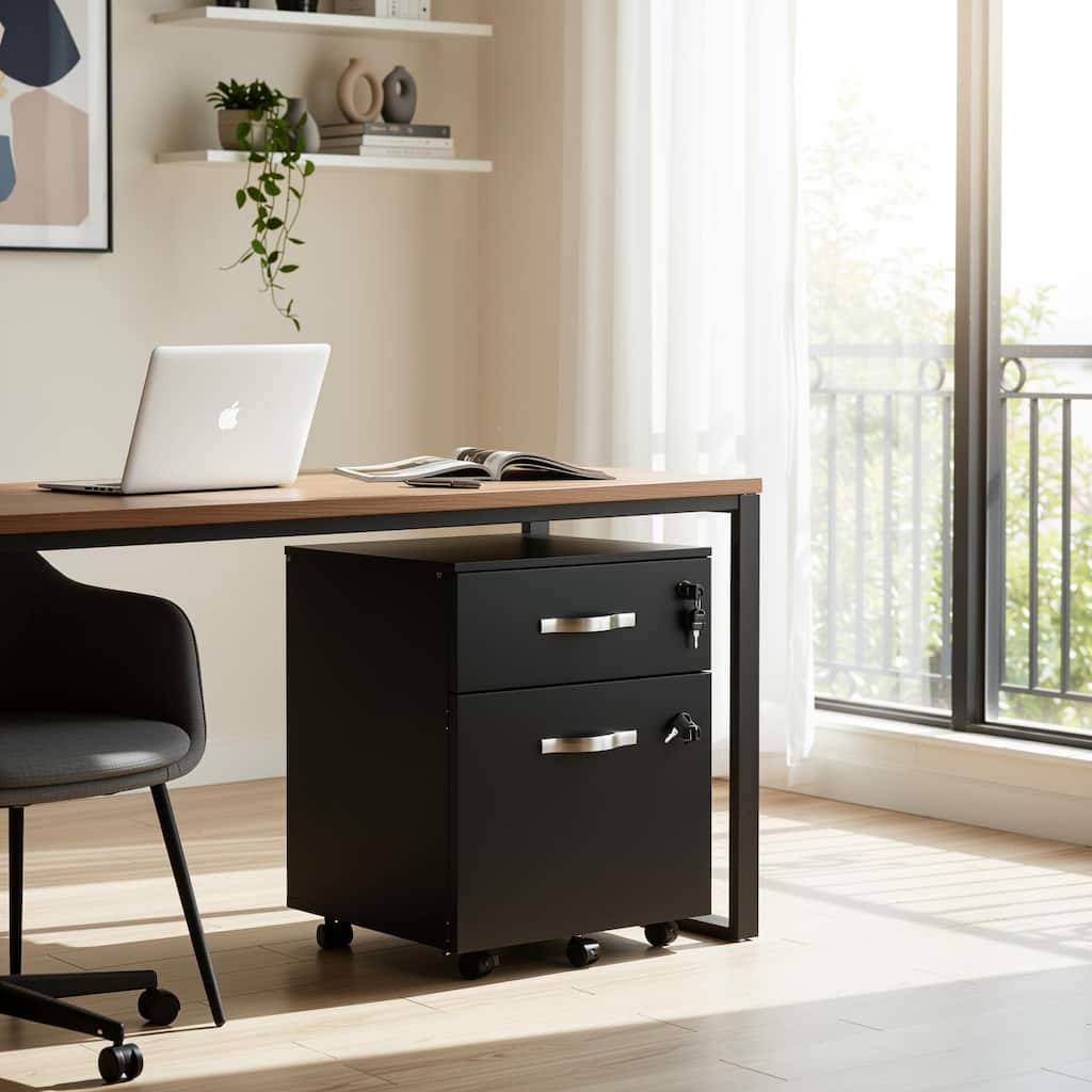 Homy Casa Black 2-Drawer Mobile File Cabinet Lock and Wheels